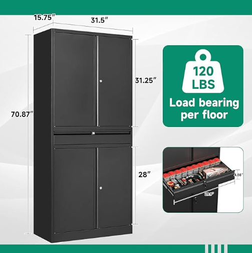 Heavy Duty Steel Storage Cabinet 31.5″ × 15.7″ × 70.9″ Locking Garage Cabinet Black YCSTC07 view 3