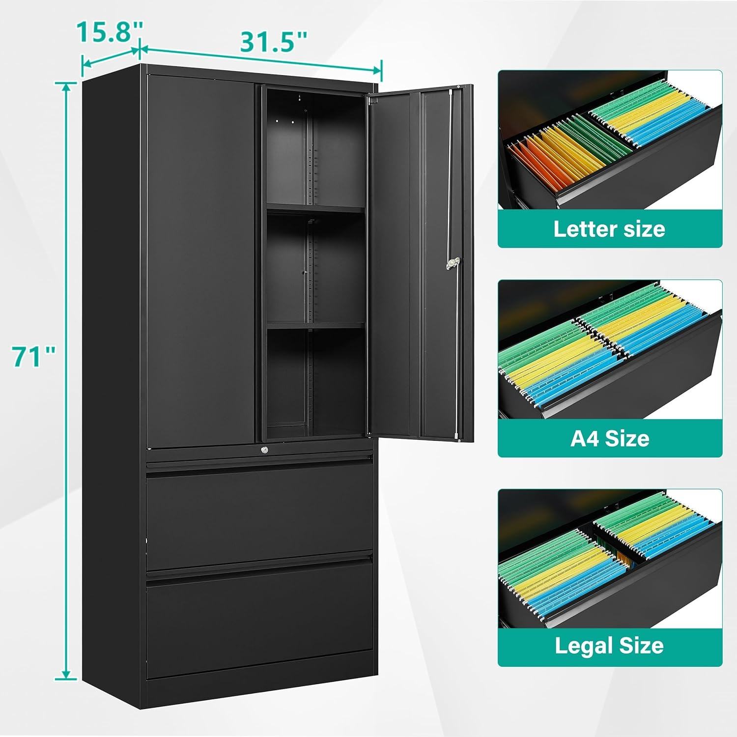 Heavy Duty Steel Storage Cabinet 31.5″ × 15.7″ × 70.9″ Reinforced Black YCDM219 view 6