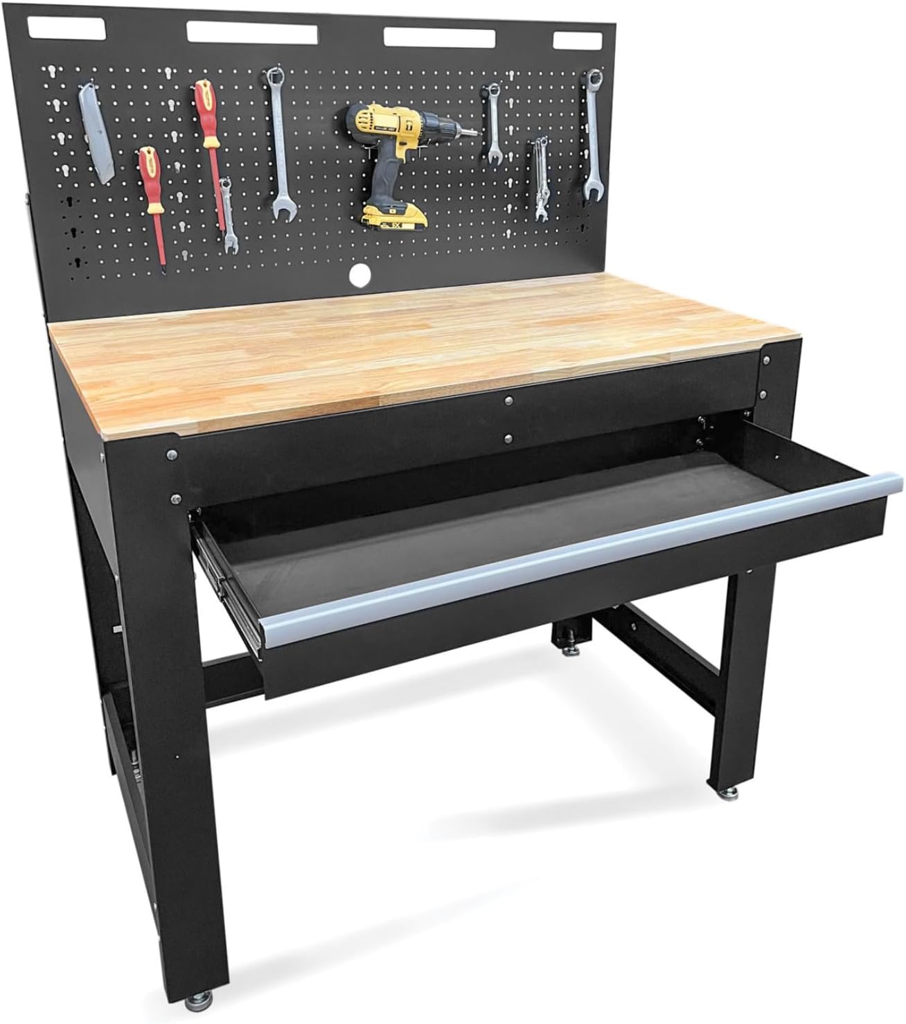 Heavy-Duty Steel Workbench with Power Strip, Drawer & Pegboard view 2