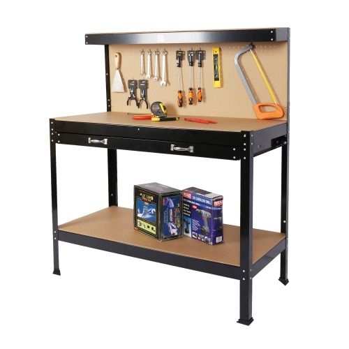 Heavy Duty Workbench with 300lbs Capacity Solid Steel Frame MDF Worktop Pegboard Hooks Drawer view 2
