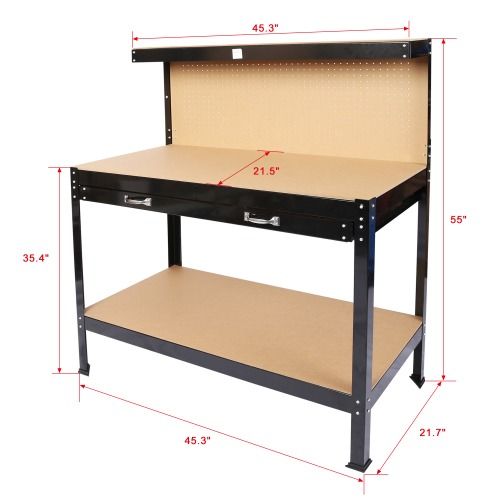 Heavy Duty Workbench with 300lbs Capacity Solid Steel Frame MDF Worktop Pegboard Hooks Drawer view 7