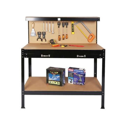 Heavy Duty Workbench with 300lbs Capacity Solid Steel Frame MDF Worktop Pegboard Hooks Drawer view 1