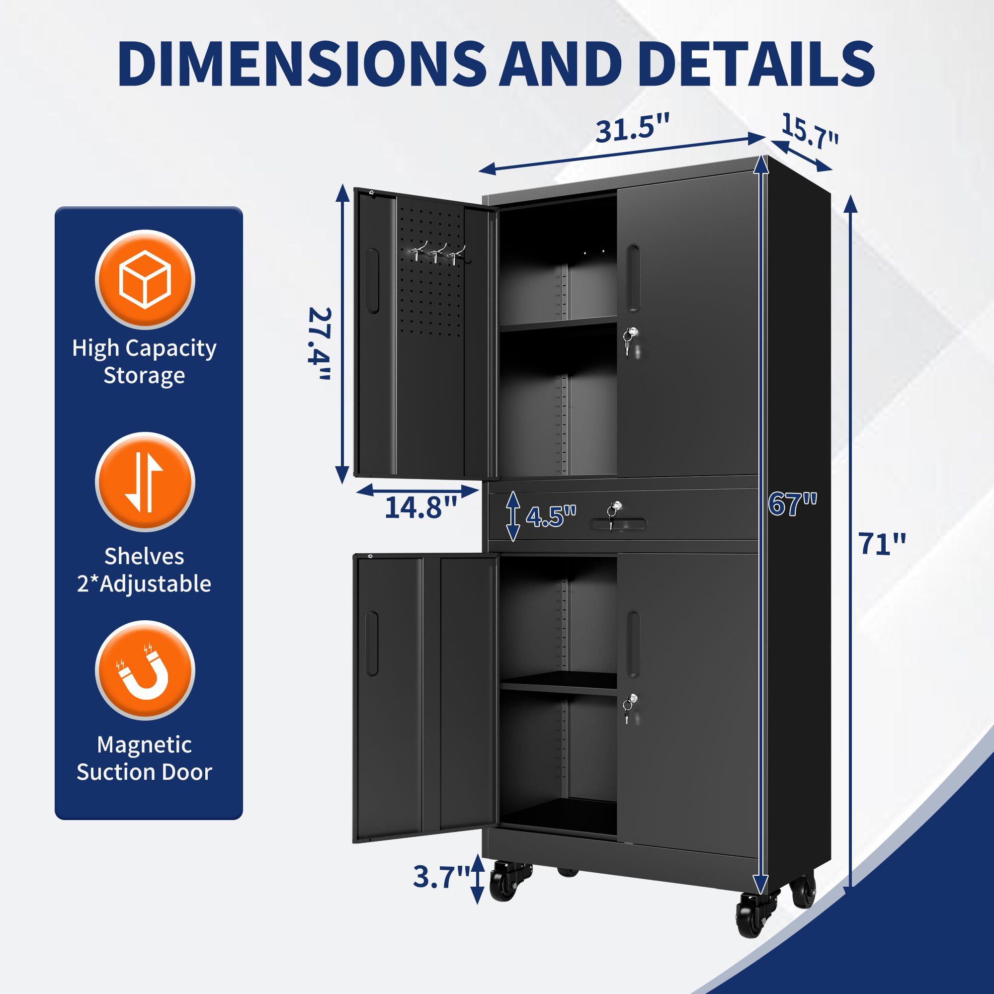 Metal Storage Cabinet with Drawer, 71″ Garage Cabinet with Locking Doors and 2 Adjustable view 2