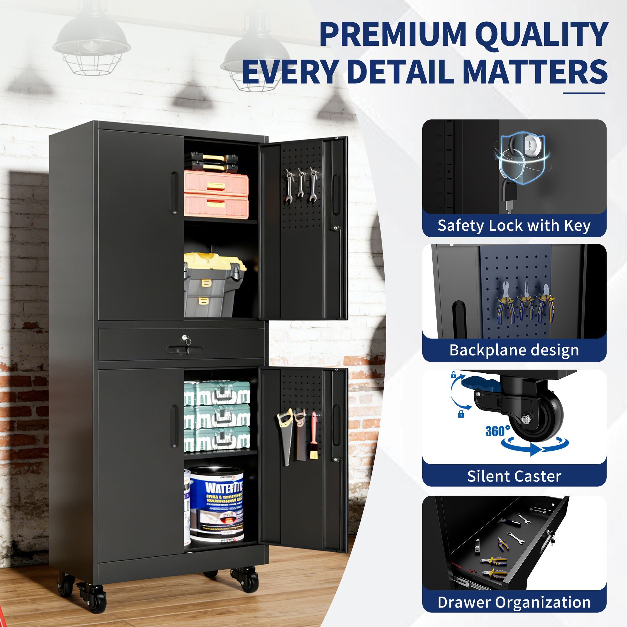 Metal Storage Cabinet with Drawer, 71″ Garage Cabinet with Locking Doors and 2 Adjustable view 3