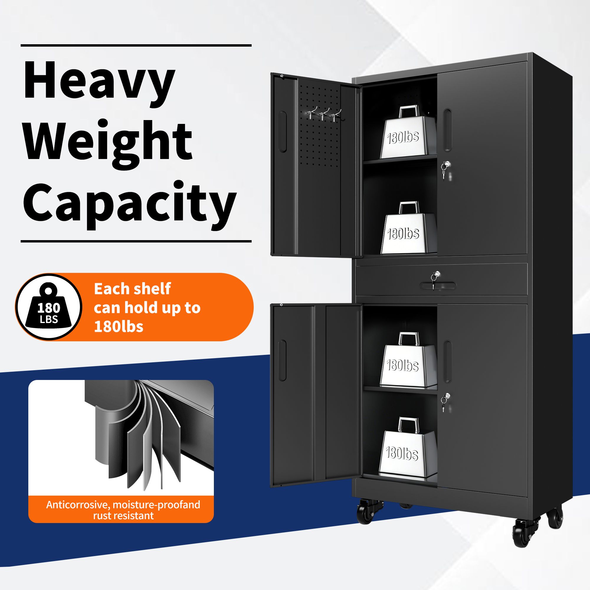 Metal Storage Cabinet with Drawer, 71″ Garage Cabinet with Locking Doors and 2 Adjustable view 6