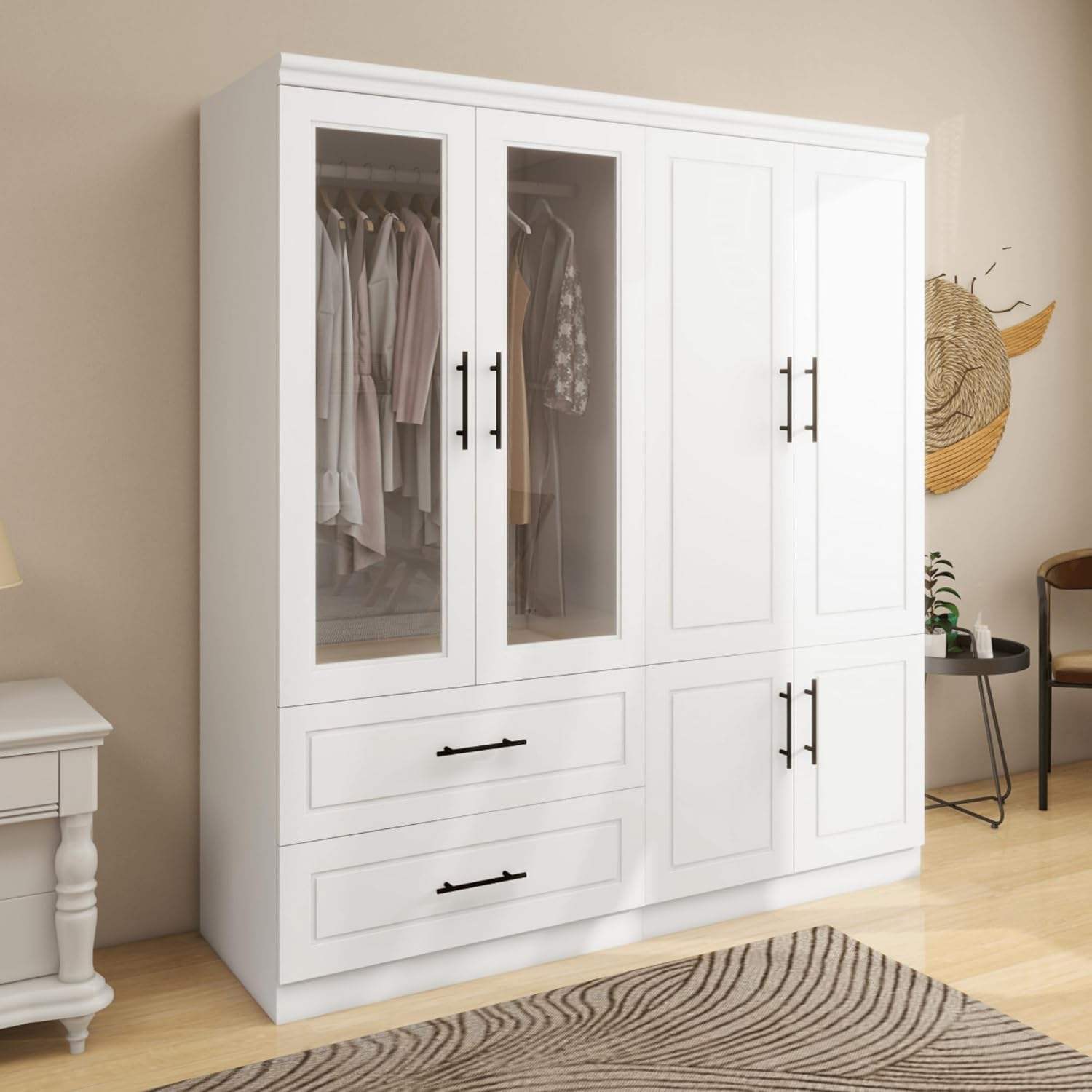 Modern Wardrobe Storage Cabinet with Acrylic Doors & Drawers White SKU# 113229