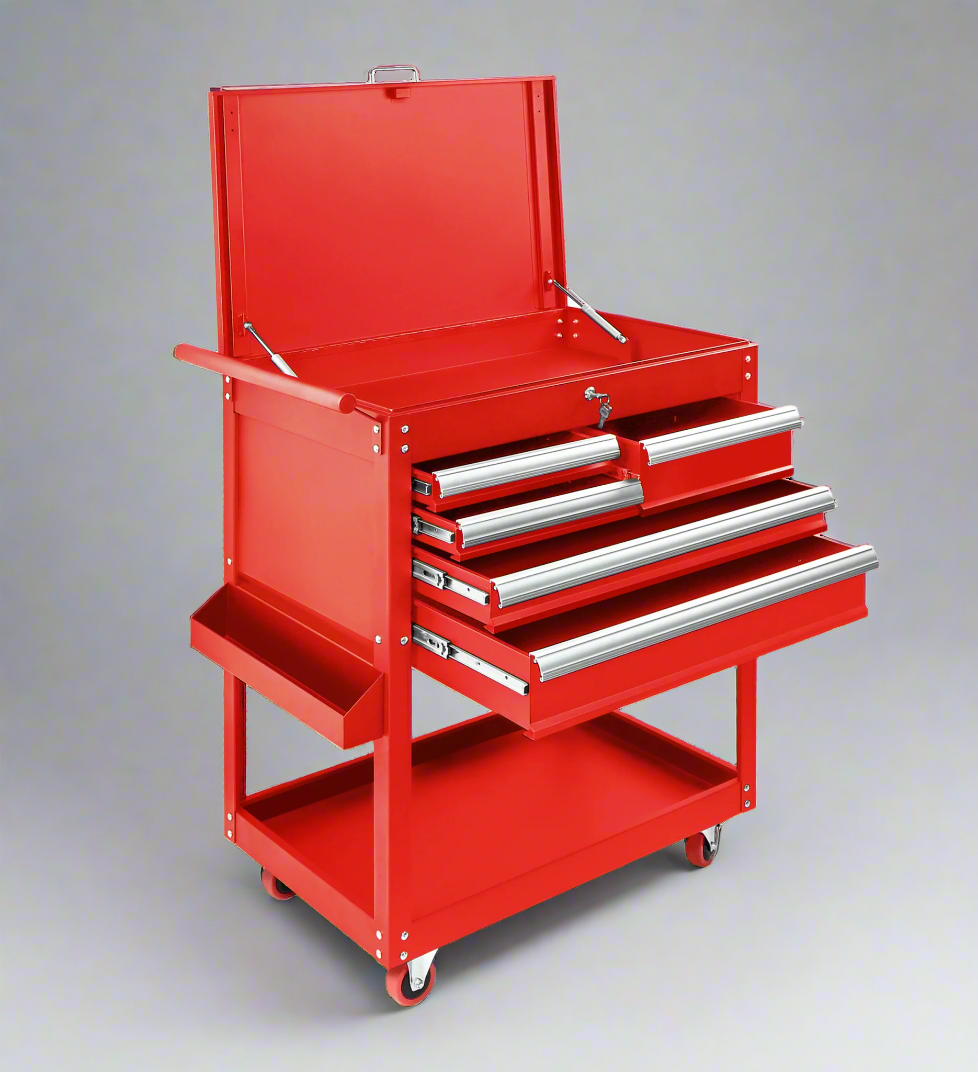5-Drawer Rolling Tool Cart – Red & Black Mechanics Cabinet with Lock view 2