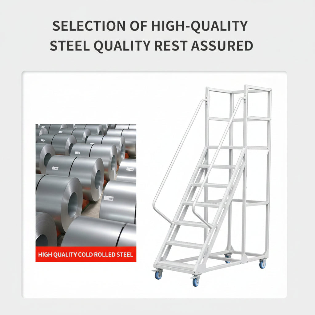 6 & 8 Step Rolling Industrial Safety Ladder with Locking Casters – Heavy-Duty Steel view 3
