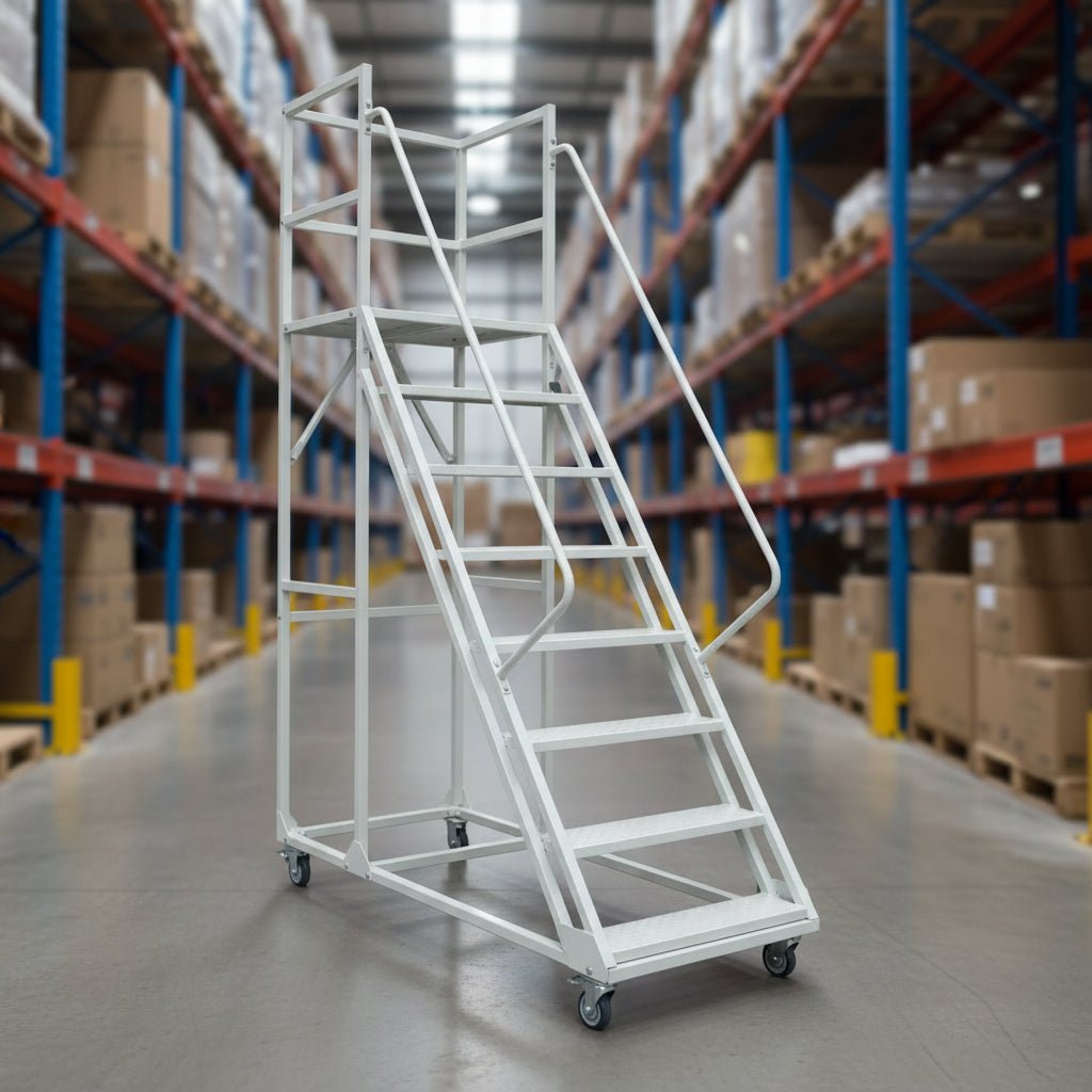 6 & 8 Step Rolling Industrial Safety Ladder with Locking Casters – Heavy-Duty Steel view 2
