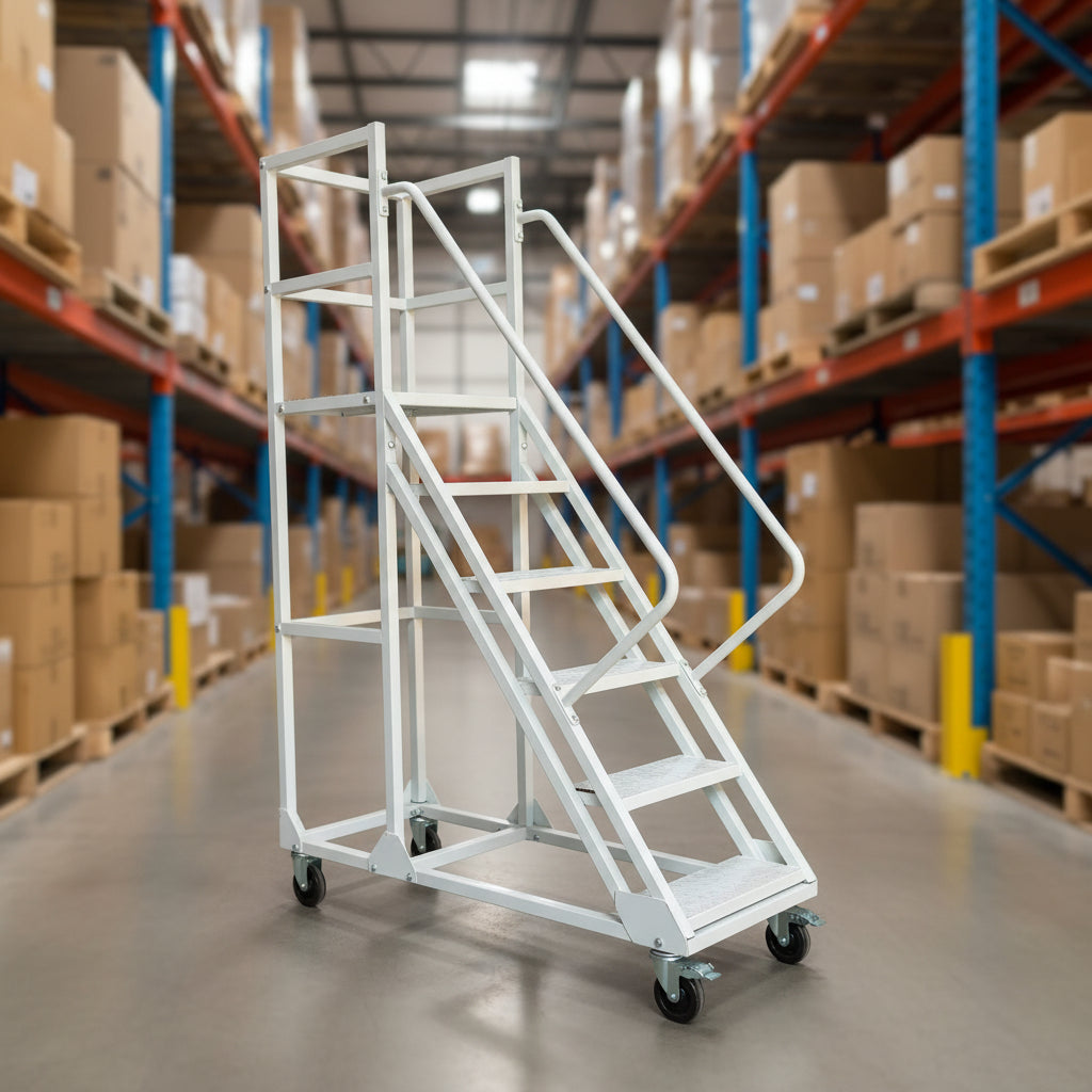 6 & 8 Step Rolling Industrial Safety Ladder with Locking Casters – Heavy-Duty Steel