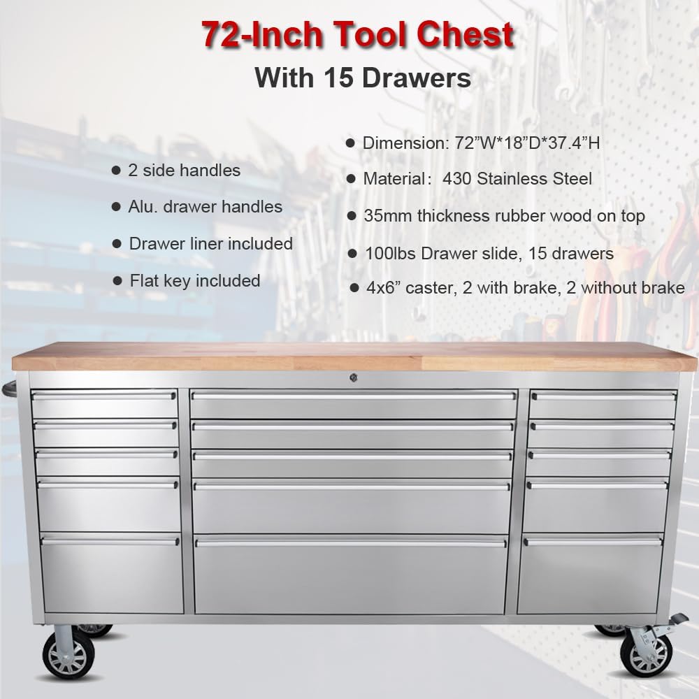 6 FT Stainless Steel Tool Bench – 15-Drawer Heavy-Duty Workstation HTC7215W view 2