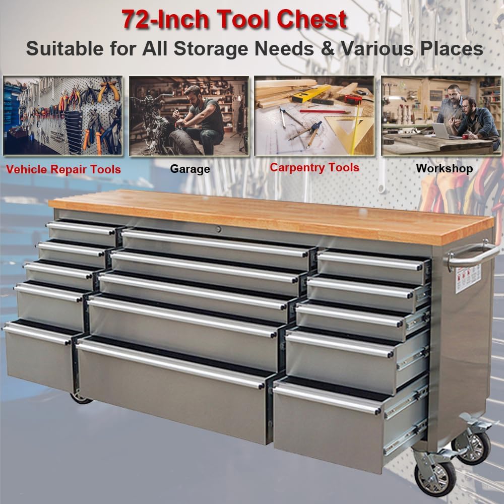 6 FT Stainless Steel Tool Bench – 15-Drawer Heavy-Duty Workstation HTC7215W view 6