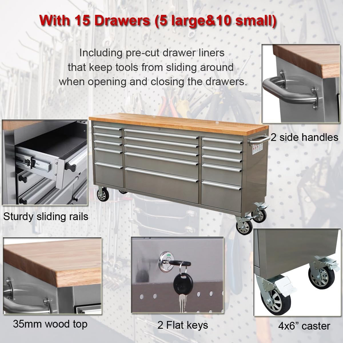 6 FT Stainless Steel Tool Bench – 15-Drawer Heavy-Duty Workstation HTC7215W view 3