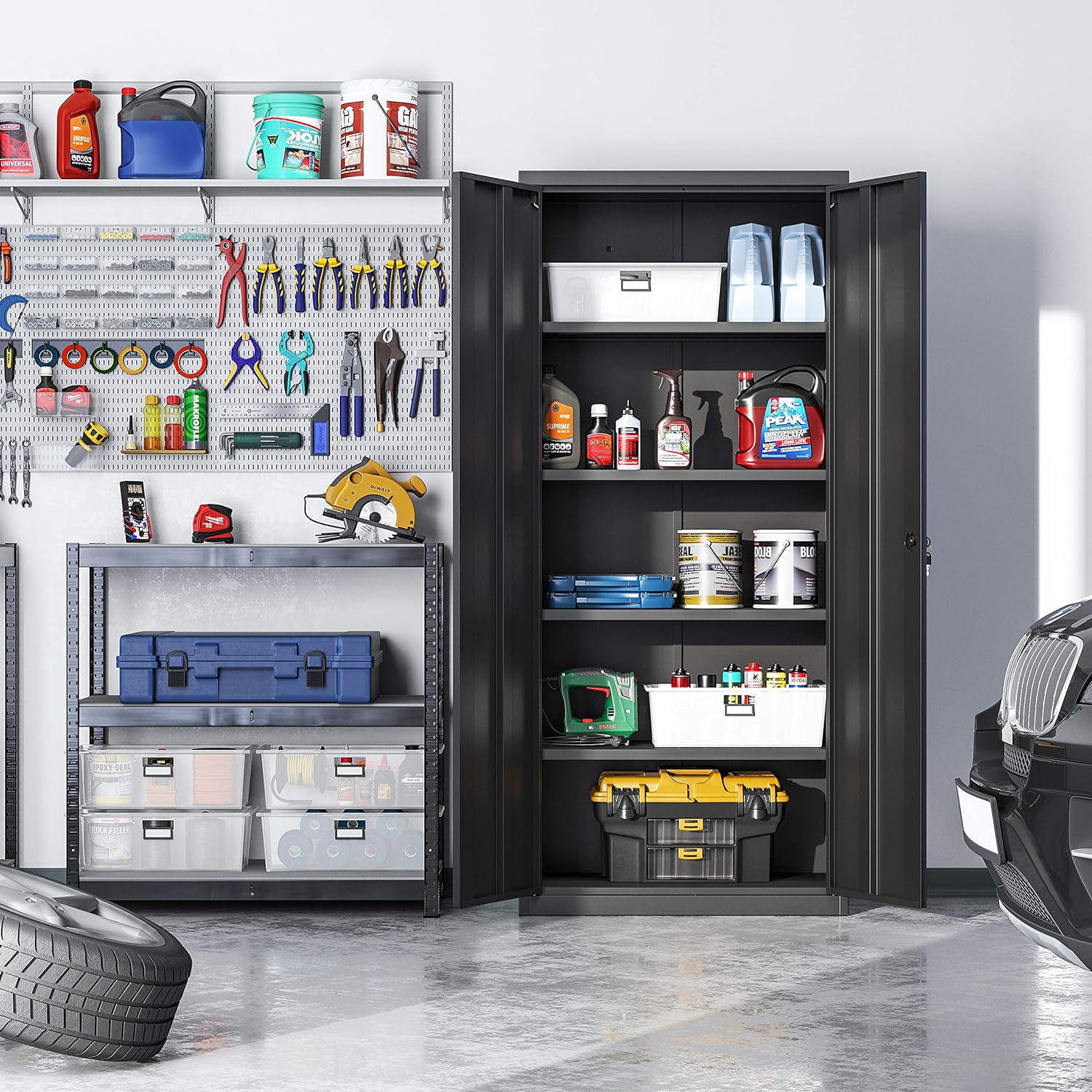 Heavy-Duty Metal Garage Storage Cabinet – Double Door Organizer for Tools & Equipment | Black Steel Cabinet (SKU: