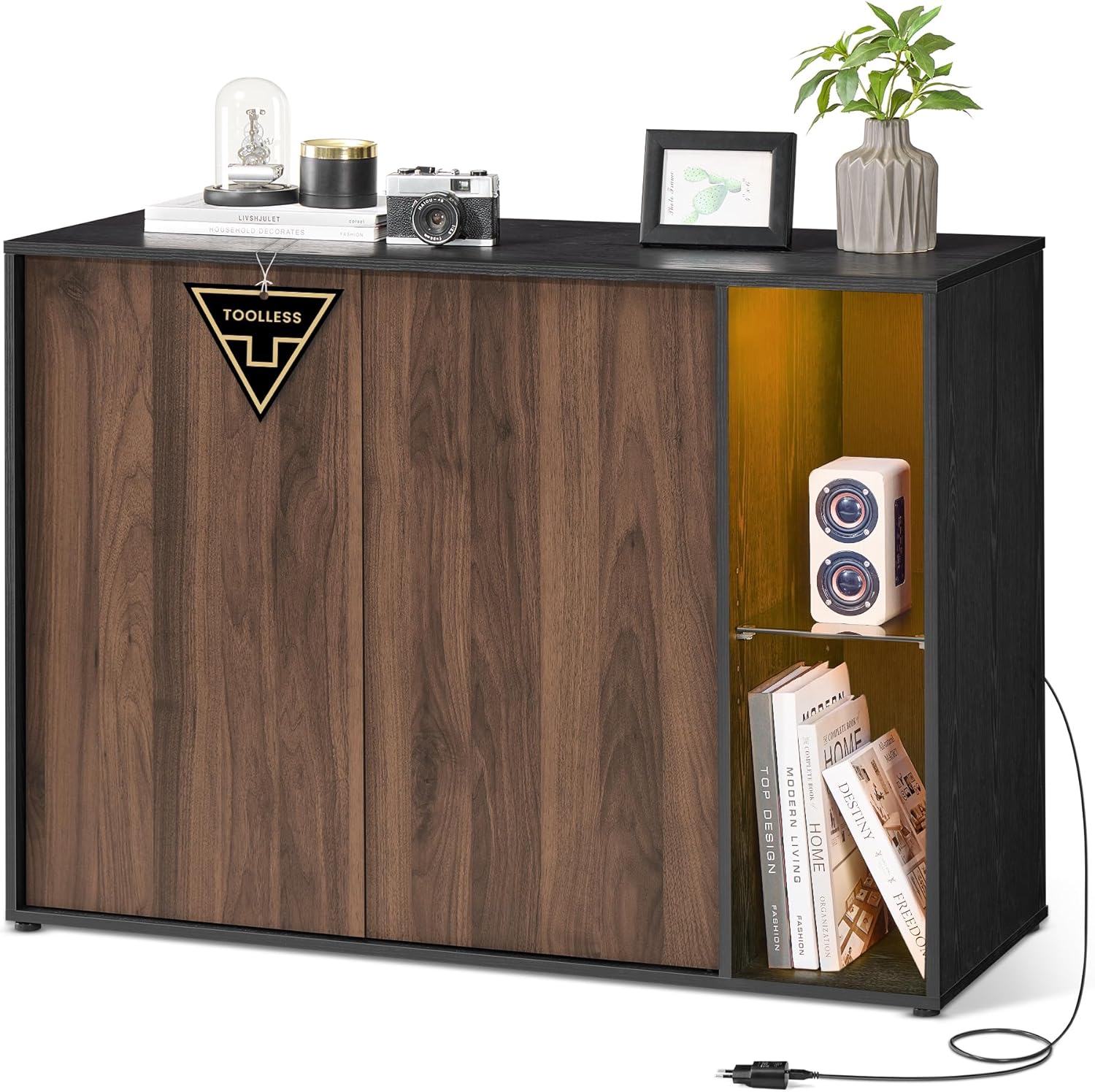 Storage Cabinet with RGB Lighting & Glass Shelf – Modern Buffet Sideboard with Adjustable Shelves Natural Walnut