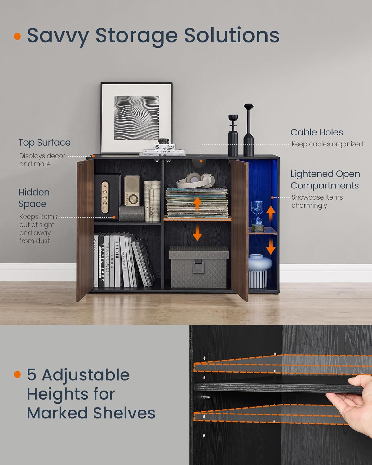 Storage Cabinet with RGB Lighting & Glass Shelf – Modern Buffet Sideboard with Adjustable Shelves Natural Walnut view 5