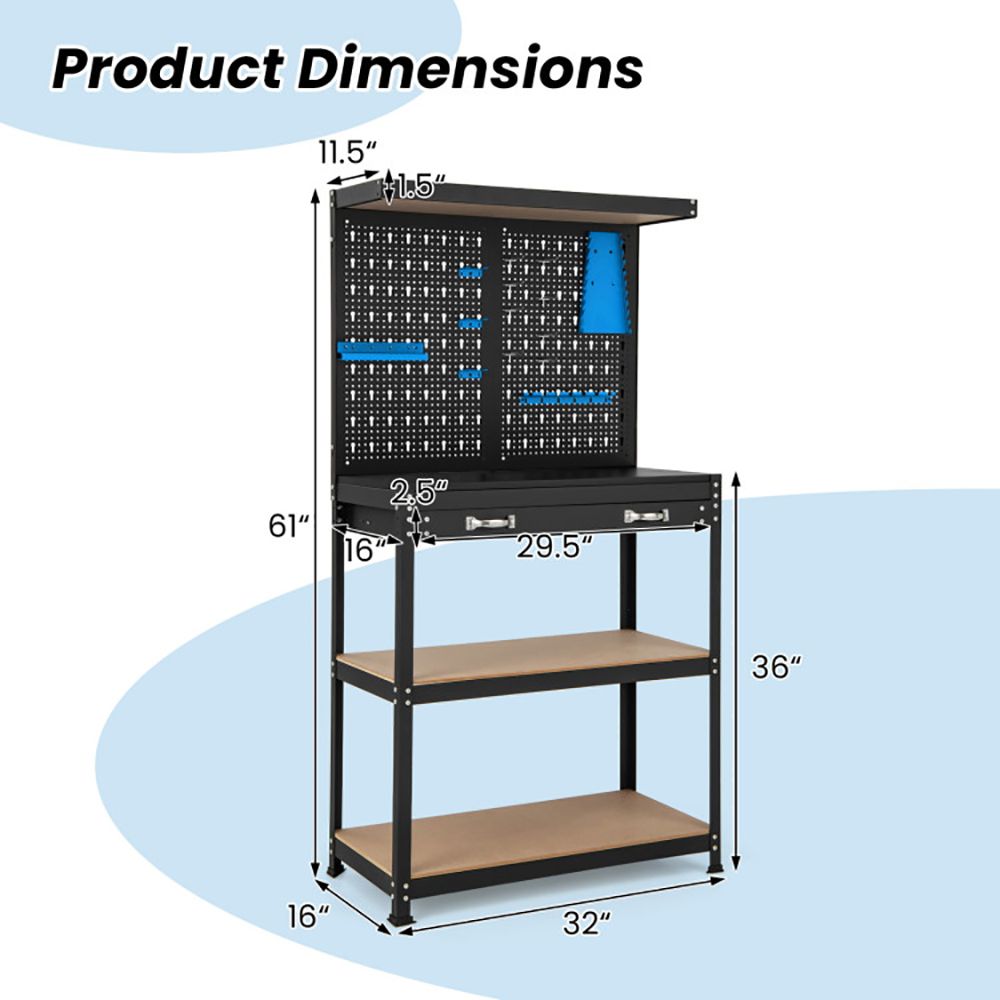 Tool Storage Workbench with Pegboard with 14 Hanging Accessories for Garage view 6