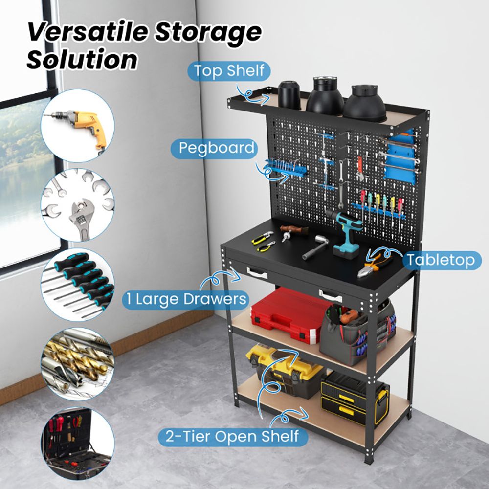 Tool Storage Workbench with Pegboard with 14 Hanging Accessories for Garage view 8