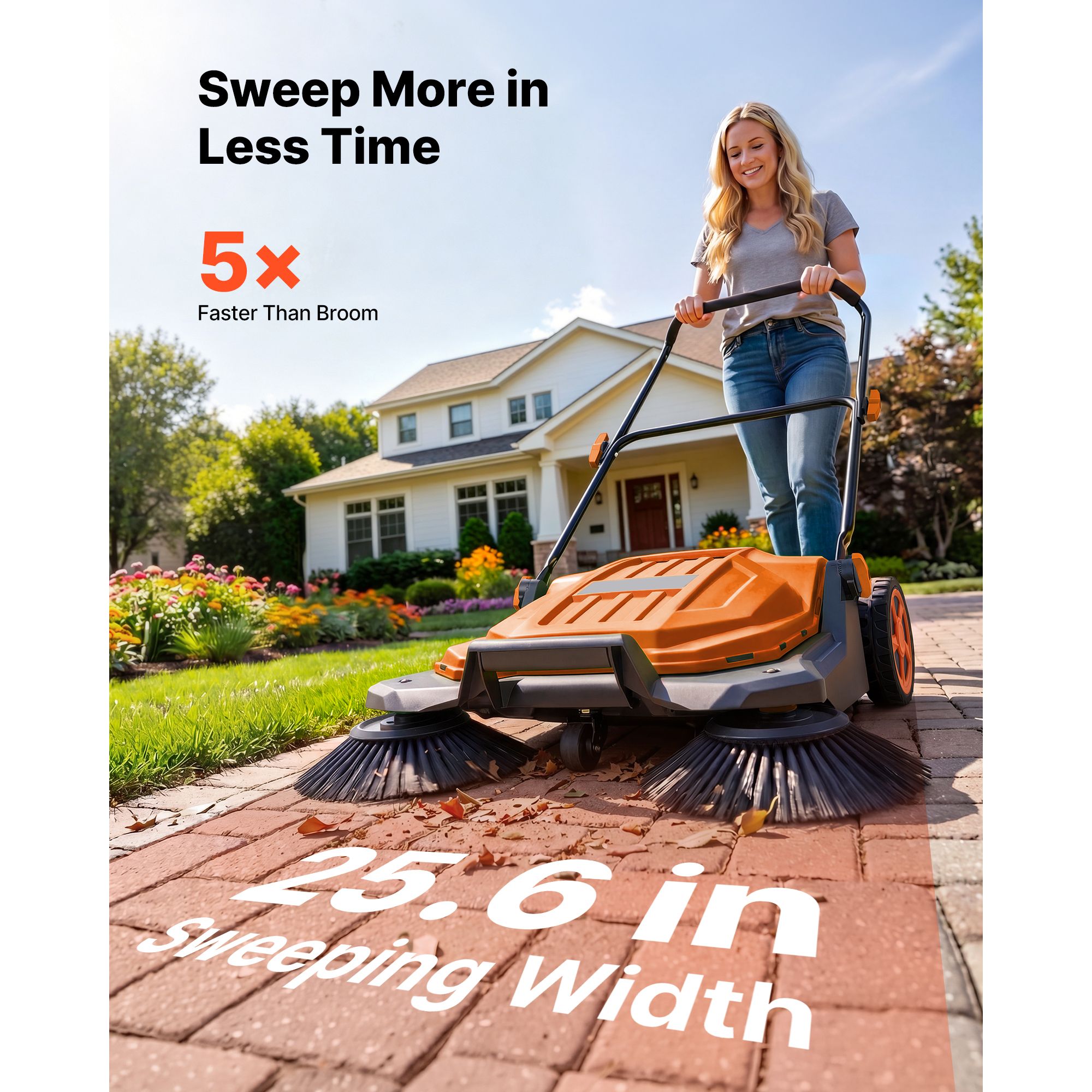 Walk-Behind Hand Push Floor Sweeper, Manual Floor Sweeper Non-Electric with 25.6″ Sweeping Width view 2