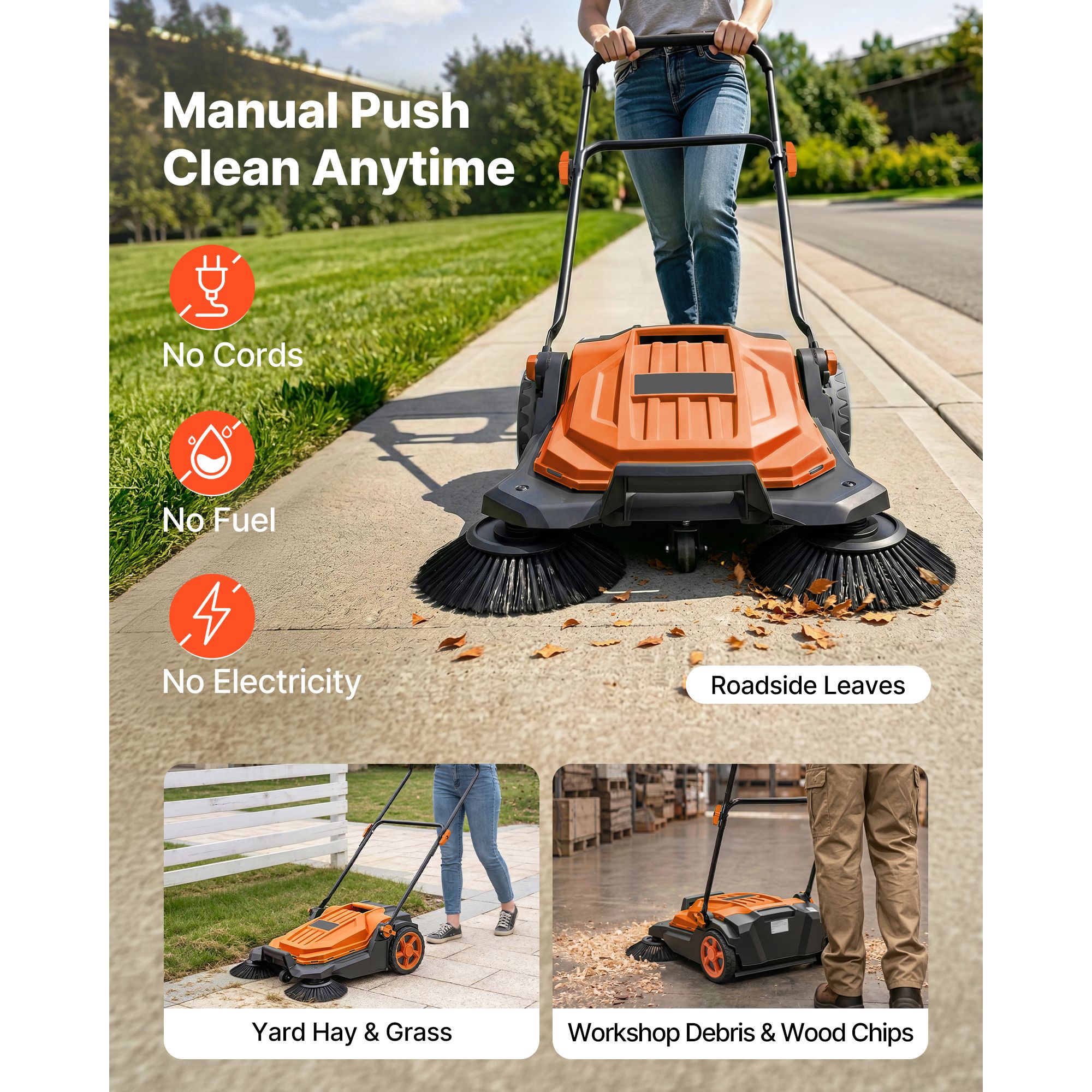 Walk-Behind Hand Push Floor Sweeper, Manual Floor Sweeper Non-Electric with 25.6″ Sweeping Width view 3