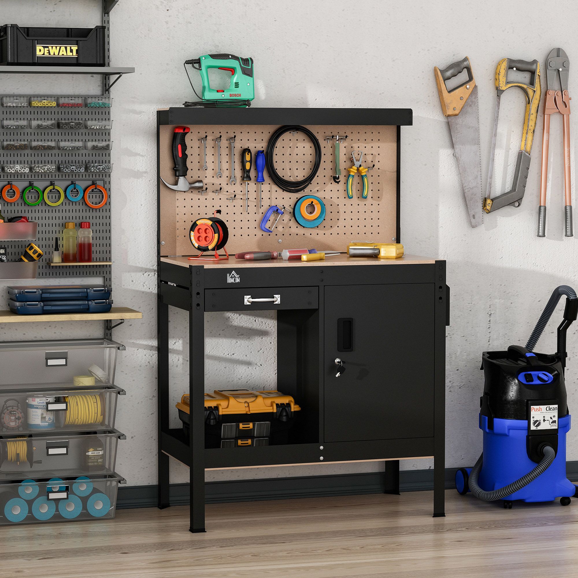Workshop Workbench with Drawer Pegboard Storage Cabinet Black view 2