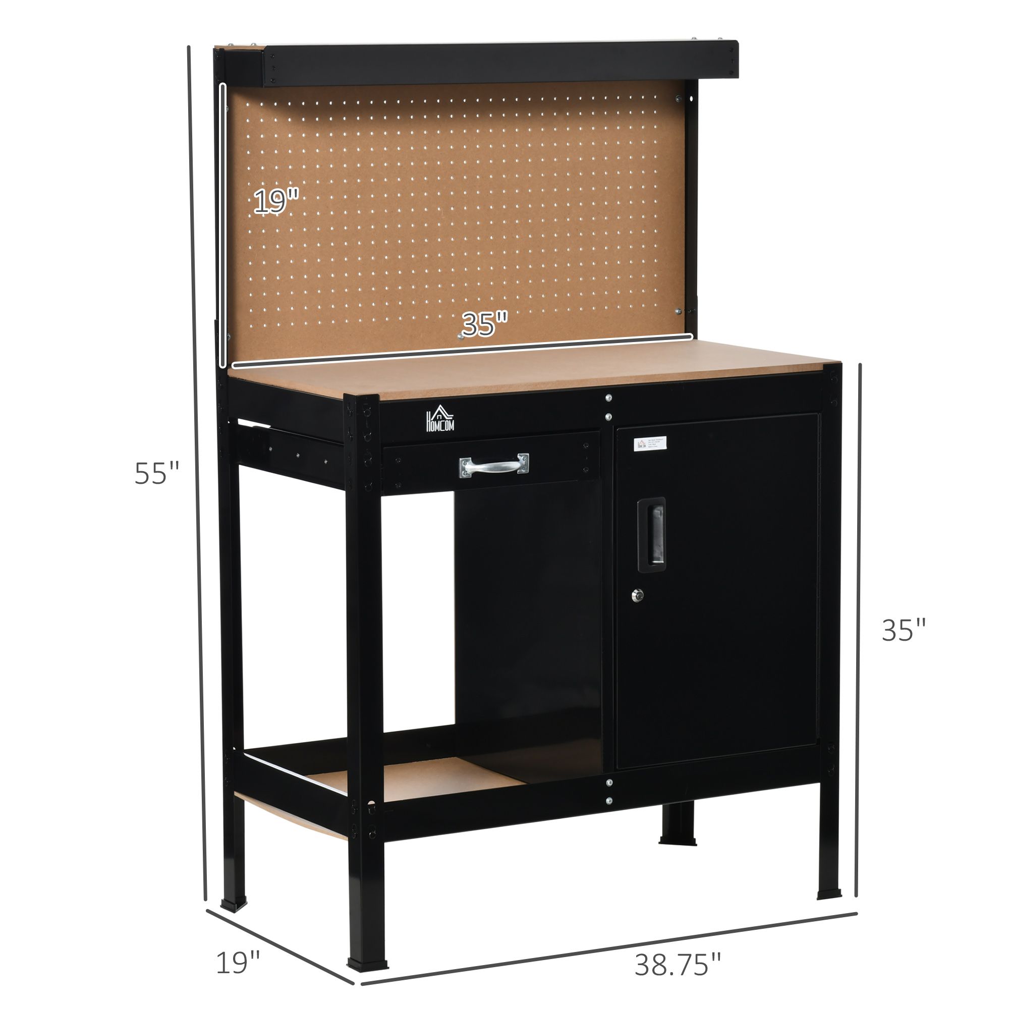 Workshop Workbench with Drawer Pegboard Storage Cabinet Black view 3