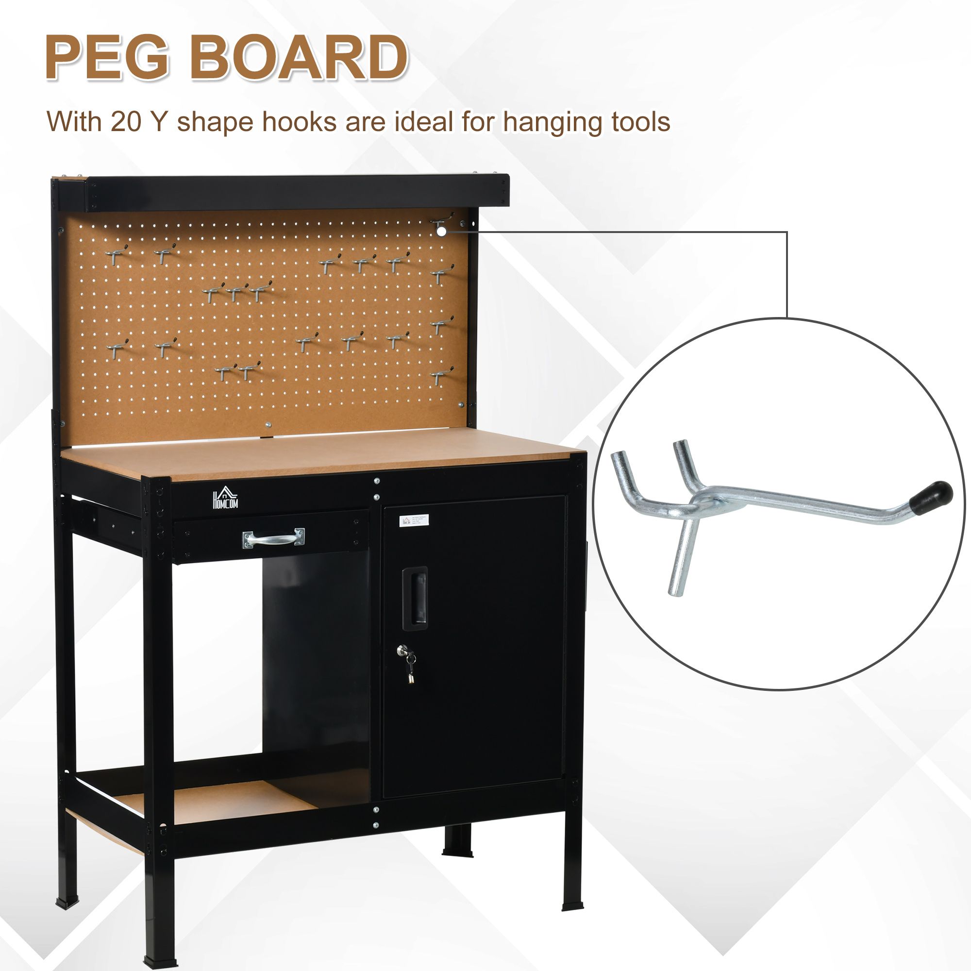 Workshop Workbench with Drawer Pegboard Storage Cabinet Black view 4