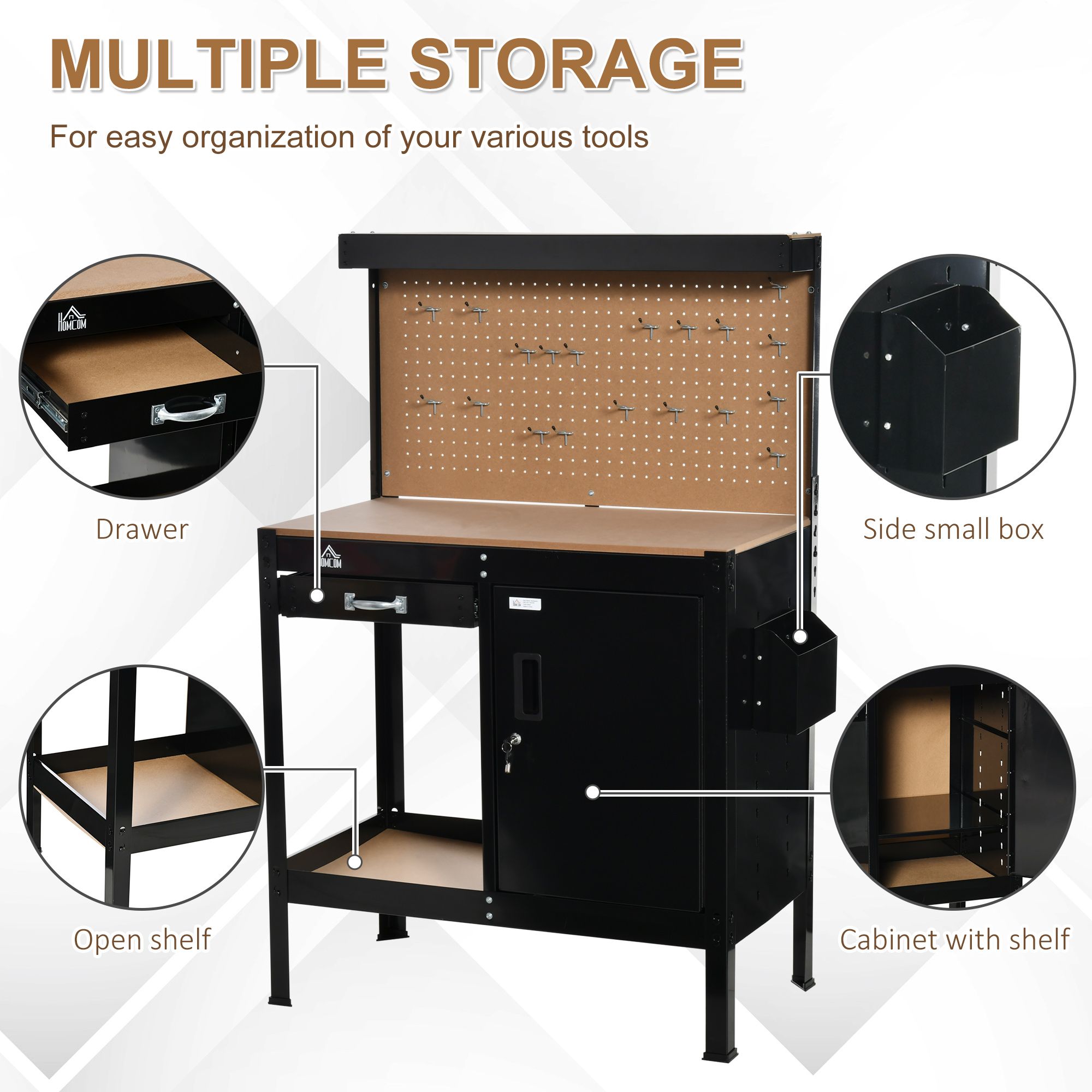 Workshop Workbench with Drawer Pegboard Storage Cabinet Black view 5