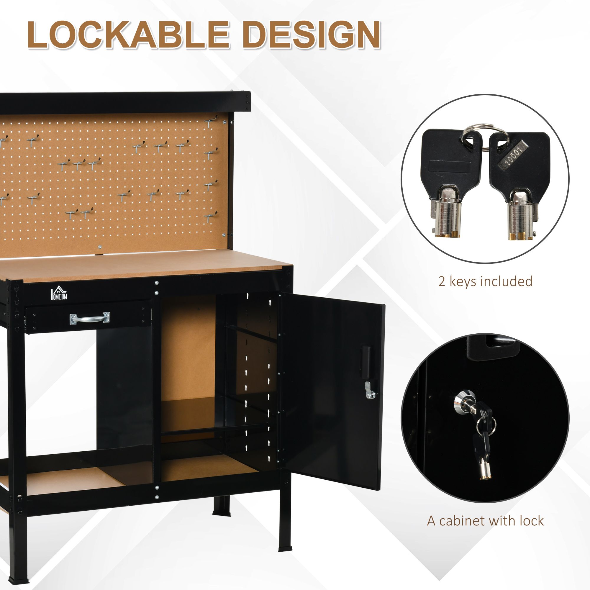 Workshop Workbench with Drawer Pegboard Storage Cabinet Black view 6