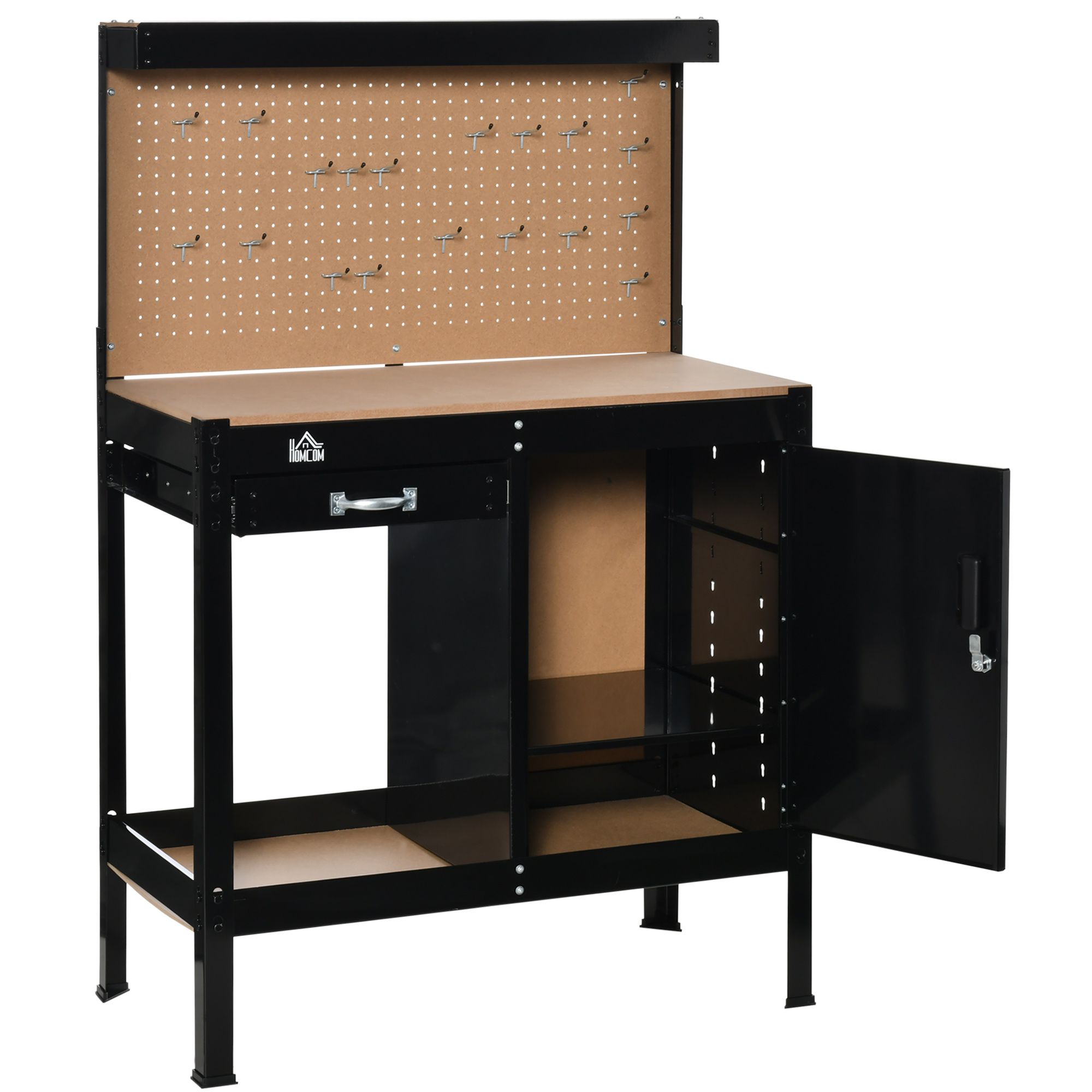Workshop Workbench with Drawer Pegboard Storage Cabinet Black view 7