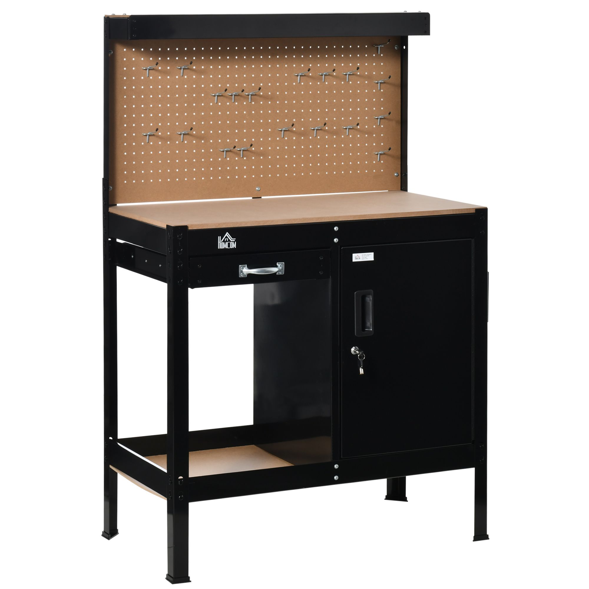 Workshop Workbench with Drawer Pegboard Storage Cabinet Black view 1